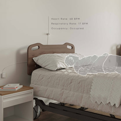 Bed with monitoring devices on a white wall, showing heart rate and respiratory rate data.